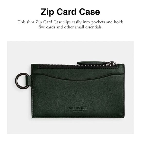 COACH Men’s Zip Card Case in Burnished Glovetanned Leather — Amazon Green - Picture 4 of 4